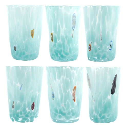 Set of Six 6 Murano Glass Drinking Art Tumblers Light Blue Handmade Millefiori
