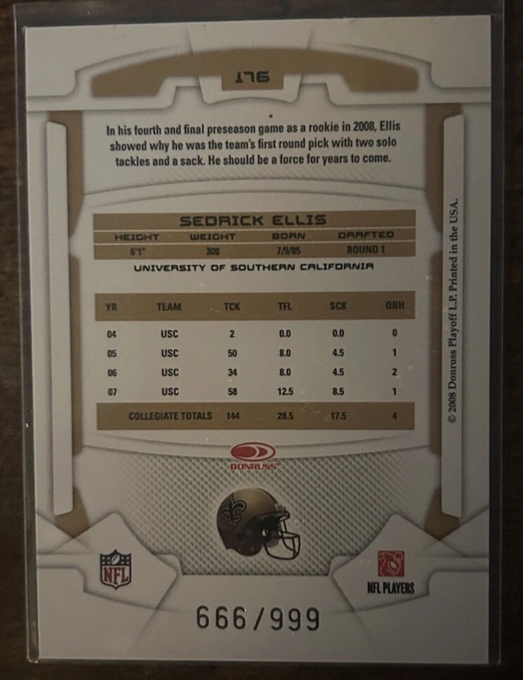 2008 Leaf Rookies & Stars Card #176 Sedrick Ellis New Orleans Saints /999 - Image 2 of 2