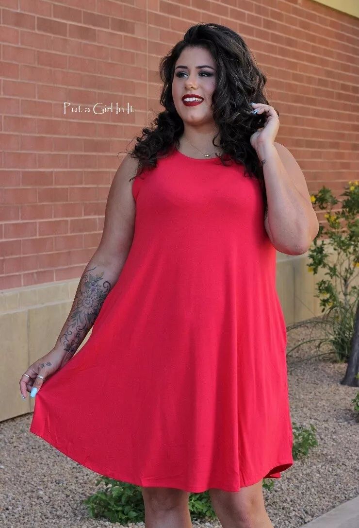 orientering procent vand New Womens PLUS SIZE SOFT CLASSIC RED SWING TANK DRESS POCKETS 1X 2X 3X  TRUE | eBay