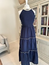 Ann Taylor Smocked Scalloped Tiered Maxi Dress in Navy White - M