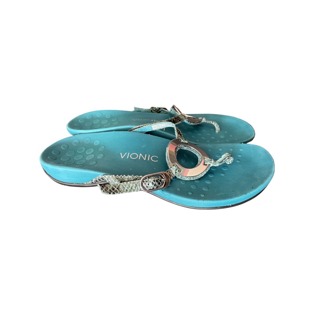 Vionic Karina Womens 8 M Teal Snake Print Flip Flops Arch Support