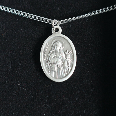 Women Necklace St Agnes Medal 18'' Stainless Steel Chain Catholic Pendant