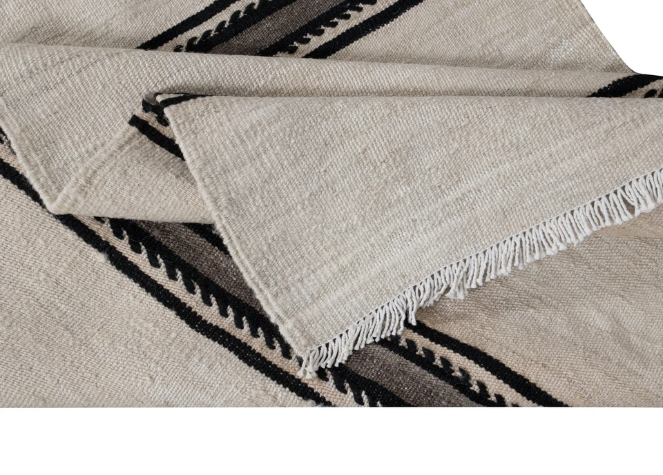 2.2x17.6 Ft Handmade Cream Narrow & Long Runner Kilim with Black & Gray Stripes - Image 3 of 4