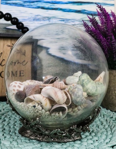 Nautical Marine Sea Shells Glass Globe Ball On Silver Coral Reef Metal Sculpture - 第 8/9 張圖片