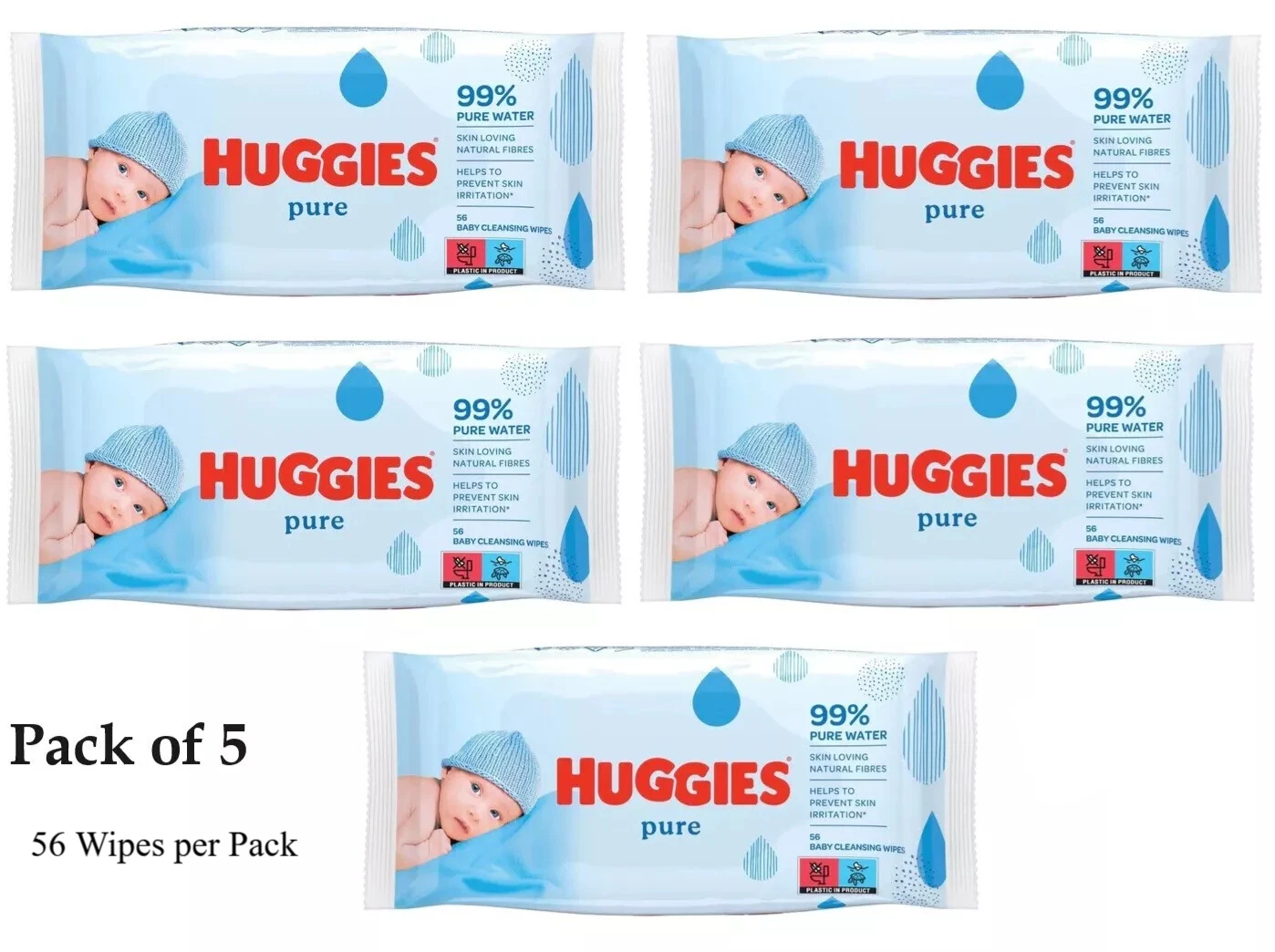 Pack of 5 Huggies Baby Wet Wipes Pure Each Pack 56 Wipes in Pack Product