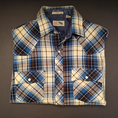Vtg Pine Grove Western Blue Plaid Flannel Pearl Snaps Button Down Men's Size M 