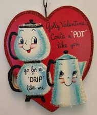 ANTHROPOMORPHIC COFFEE POT - DRIP LIKE ME? - Glitter VALENTINE ORNAMENT * Vtg