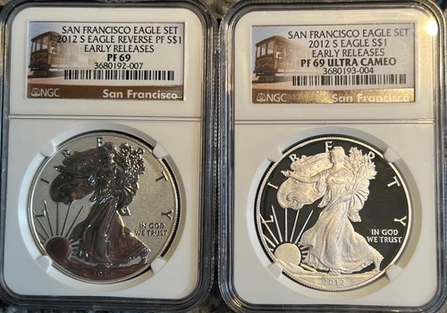 2012 S $1 NGC PF 69 American Silver Eagle 2 Coin San Francisco Set Reverse PROOF