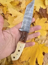 9” Real Damascus Skinner Knife - Tanto Fixed Blade Full Tang - Camel Bone Wood