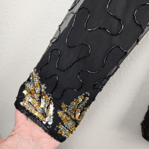 Vintage Laurence Kazar Long Sleeve Sequin Silk Black Gold Top Blouse Size L - Picture 7 of 11
