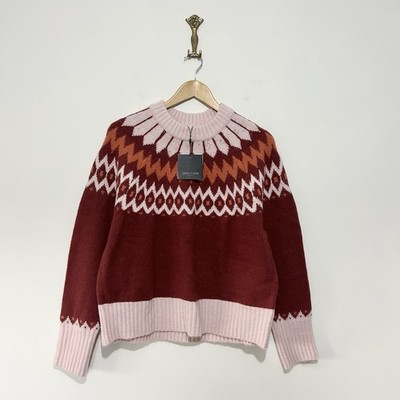 Toller unifarbener Fair Isle Strickpullover Gr. 14 burgunderrot rosa Scandi Passe Grobstrick