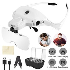 Magnifying Glass Headset 2 LED Light Head Headband Magnifier 5 Lenses With Box