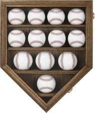 Baseball Display Case 12 Rustic Oak Wood MLB Ball Holder Wall Frame Rack Cabinet