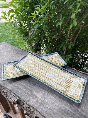 2 Ceramic Rectangular Gold/Blue Dishes Sushi Sashimi Asian Grilled Fish 12 L