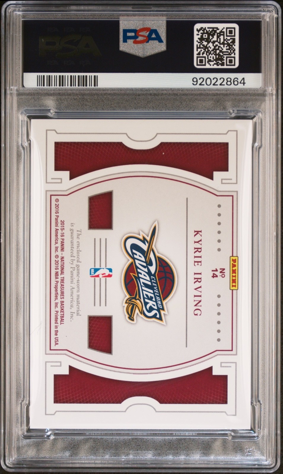 2015-16 National Treasures Kyrie Irving Game Gear Prime Tag Patch #1/1 #14 PSA 8 view 2