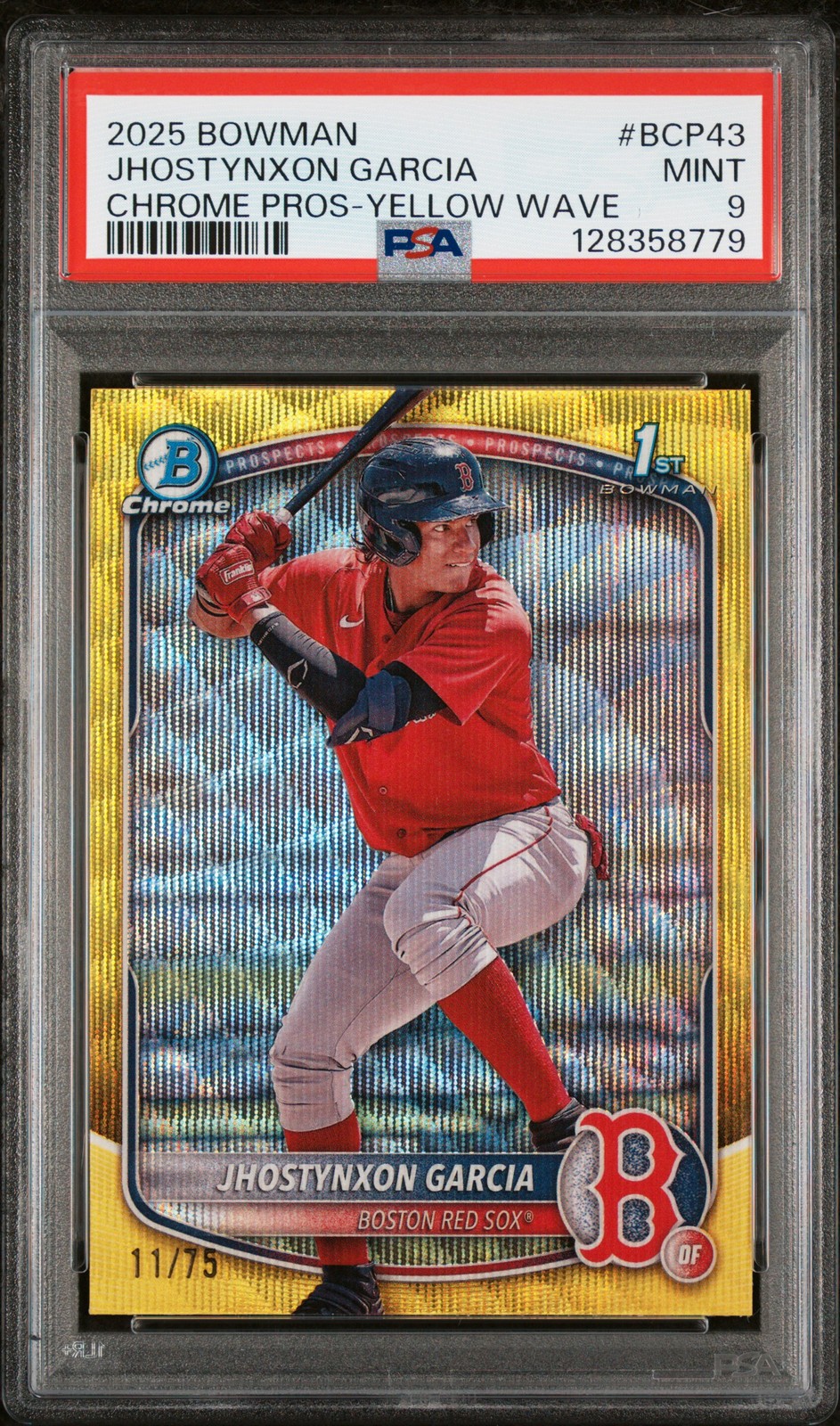 2025 BOWMAN CHROME PROSPECTS YELLOW WAVE #BCP43 JHOSTYNXON GARCIA 11/75 PSA 9