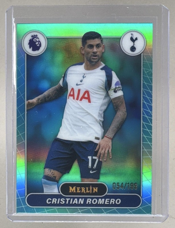 Cristian Romero 2026 Topps Merlin Premier League #180 Aqua Refractor /199