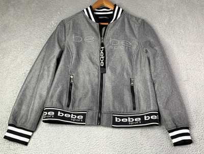 Bebe Sport Jacket Womens Size Large Fits Medium Zip Up Grey bebe Logo Sport