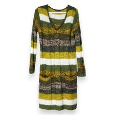 Ultra Flirt Striped V‑Neck Sweater Dress Green White XL EUC Vintage Cozy Fuzzy