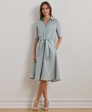 185$ Lauren Ralph Lauren Tie-Front Linen Shirtdress Women's Size 2 Aqua Pearl