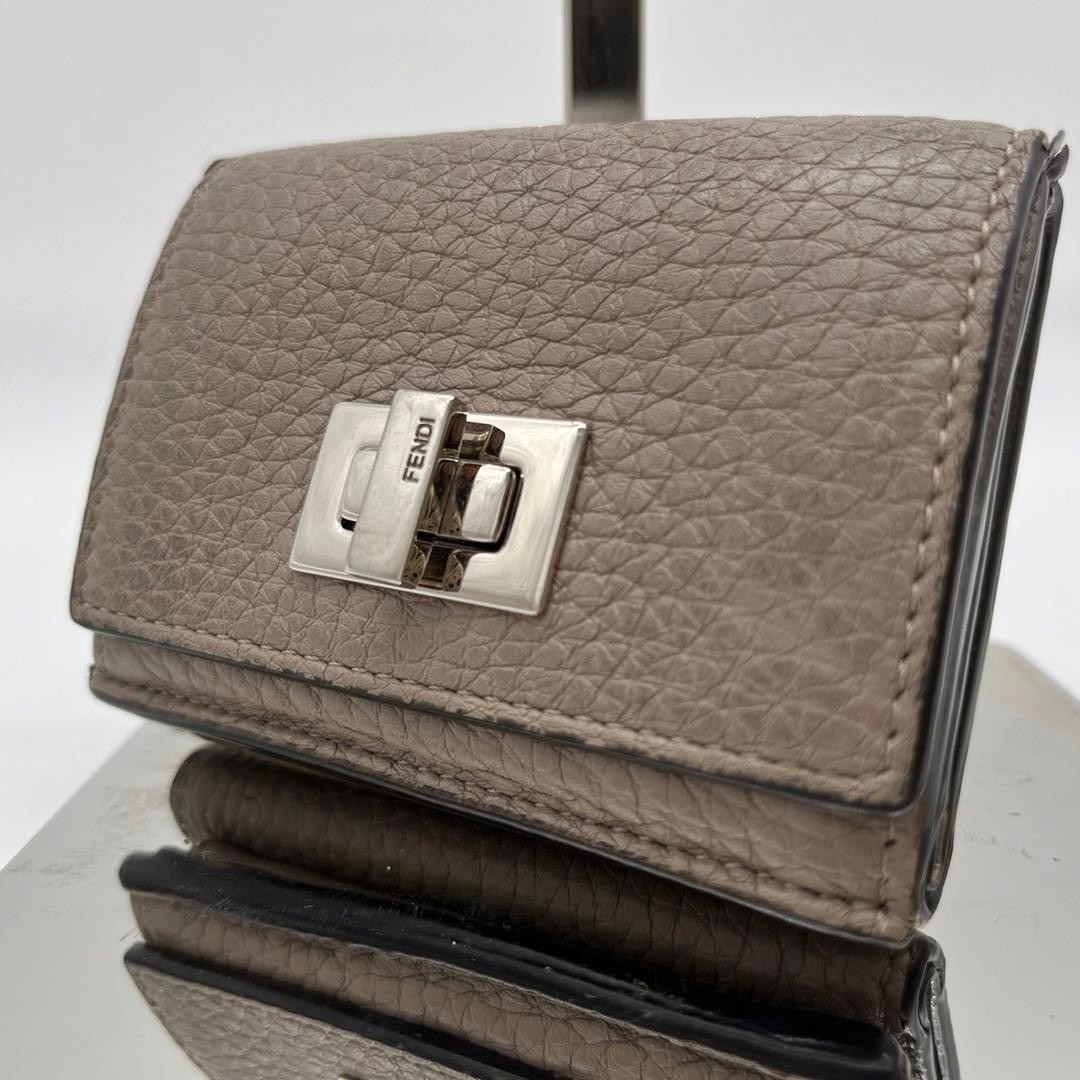 Fendi Peekaboo Leather Wallet Tri-Fold Gray Beige Compact Used Japan