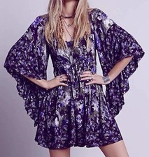 Free People Heart Of Gold Purple Boho Festival Floral Print Mini Dress Sz Small