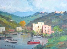 260104 Fontana - “Borgo marinaro”. Olio su tavola  del pittore F. Fontana