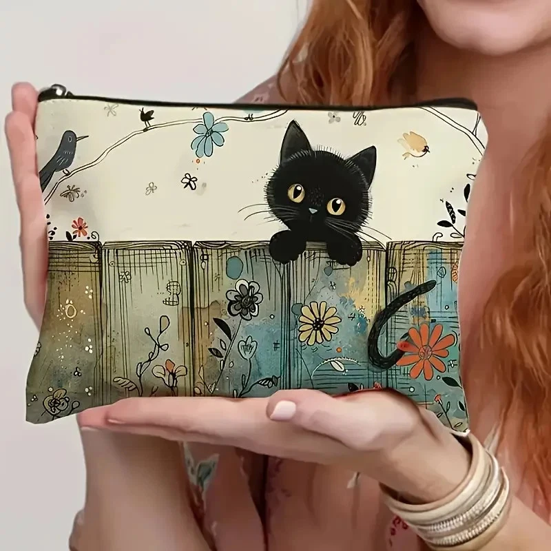 Cute Black Cat on Fence Canvas Makeup Bag Pencil Case Toiletry Pouch Zipper Gift - Image 2 of 4
