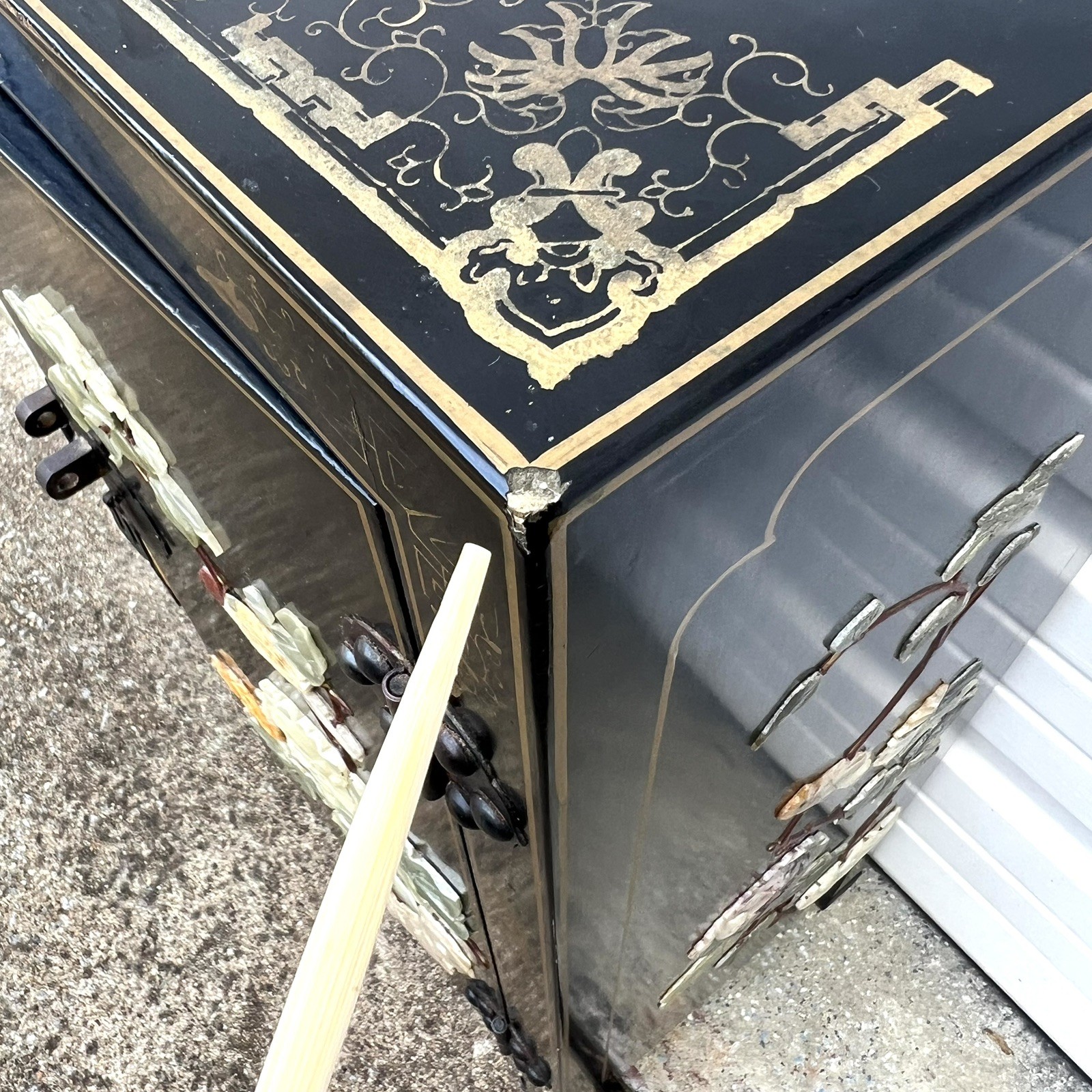 Chinese Black Lacquer Gold Hand Painted Cabinet Stone Relief Bird Flower MCM SEE