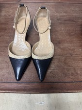 CHANEL Black Beige Quilted Pointed Toe Ankle Strap Kitten Heels Buckle Leather
