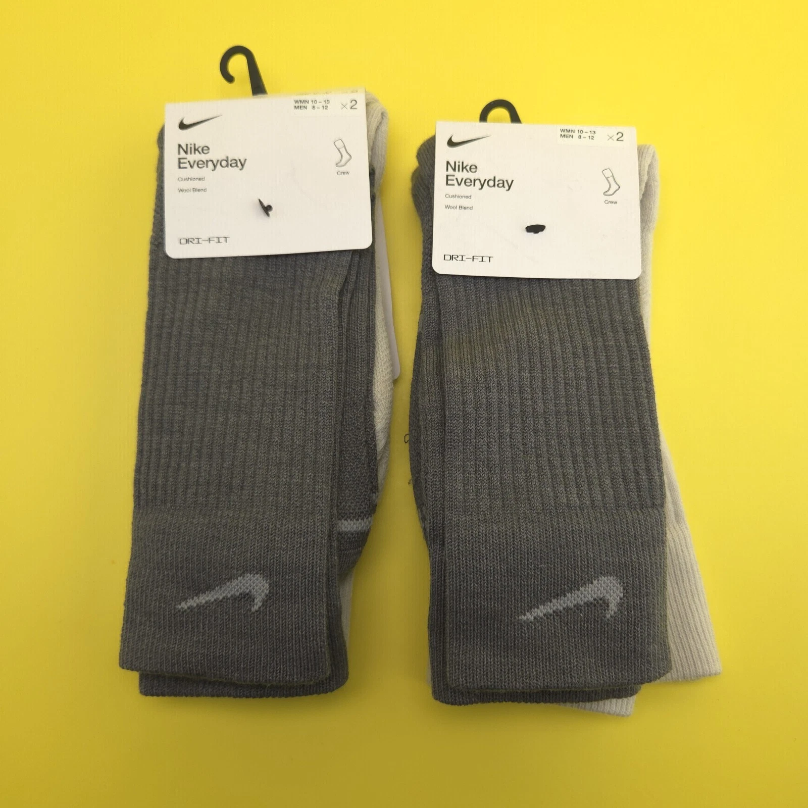 2 Pack Nike Wool Crew Socks Size Large 8-12 Mens 2 Pack Iron Grey Light Bone