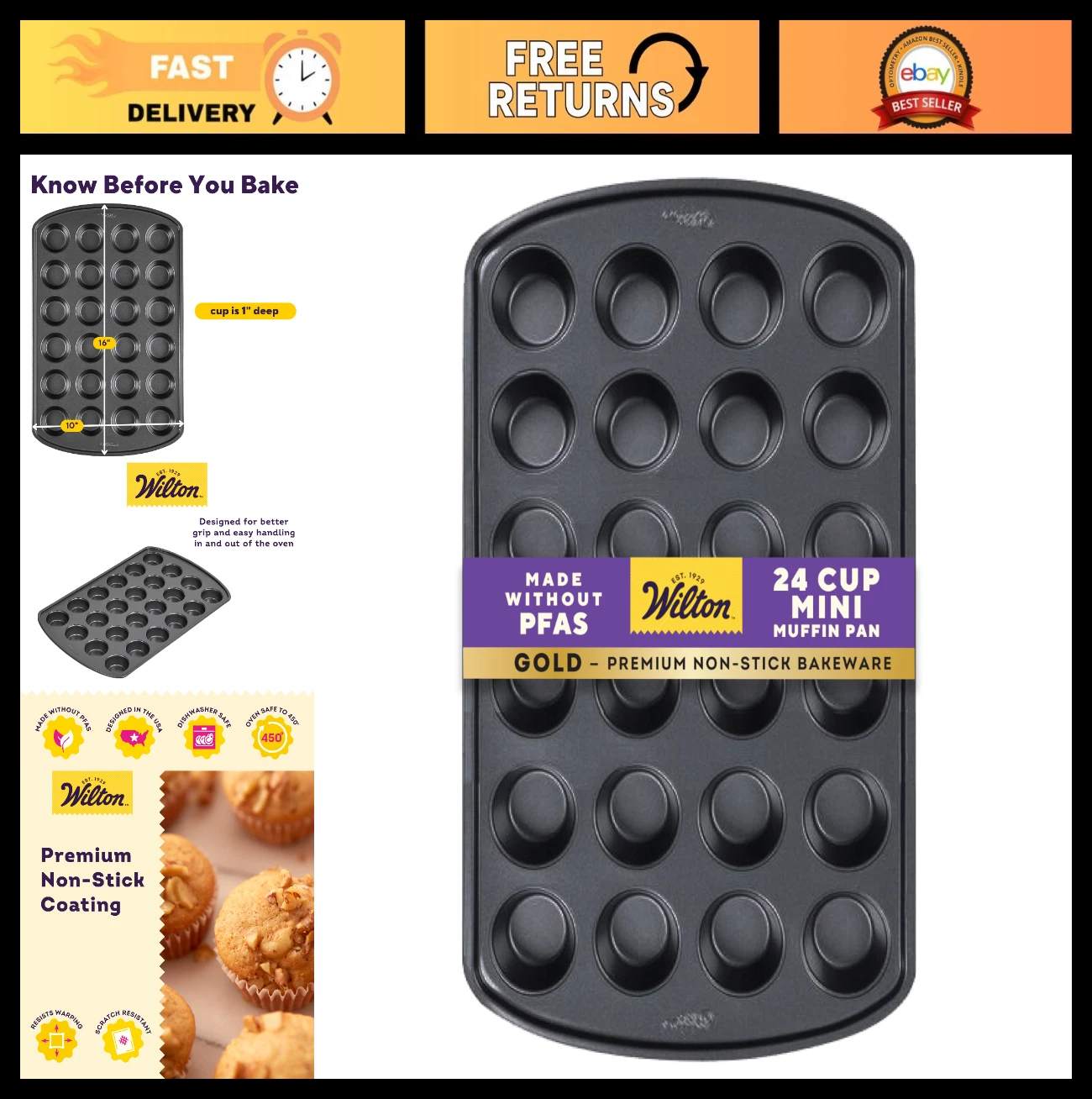Non-Stick Muffin Pan 24-Cup Bakeware, Warp-Resistant, PFAs Free, 16x10x1 in
Opens in a new window or