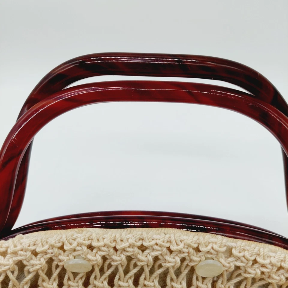 Womens Handbag Crocheted Cream With Brown Acrylic Lucite Handles Vintage - Image 3 of 4