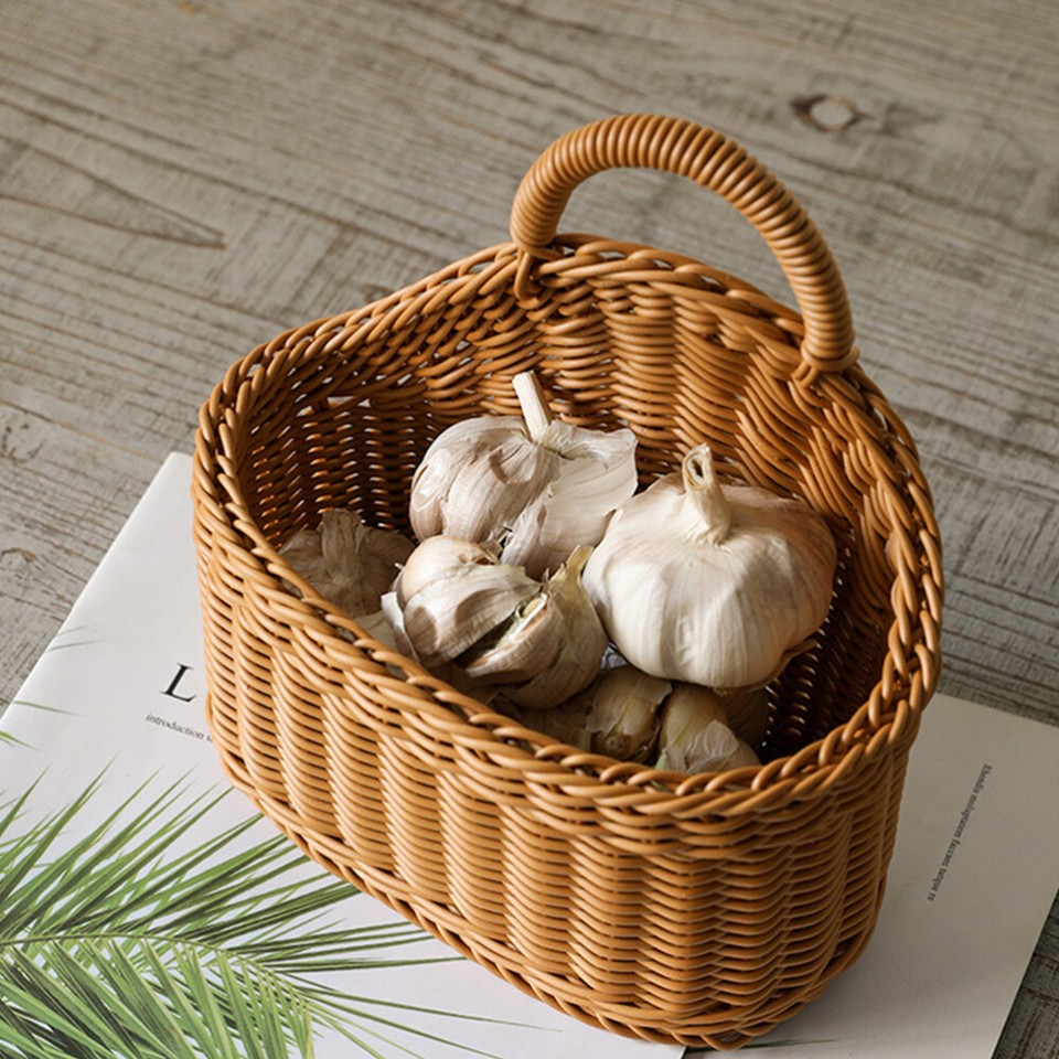Hanging Wall Basket Storage Flower Snacks Boho Fruit Onion Rattan eBay
