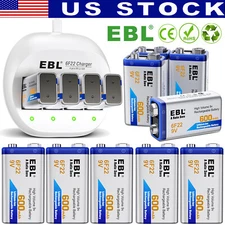 Lot EBL 9V 600mAh 6F22 Li-ion Rechargeable Batteries / 4-Slot 9 Volt USB Charger