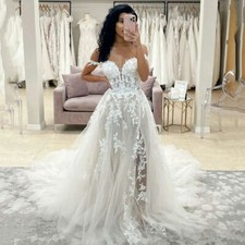 Beach Wedding Dresses with Slit Lace Off Shoulder A Line Boho Gowns Sweep Train