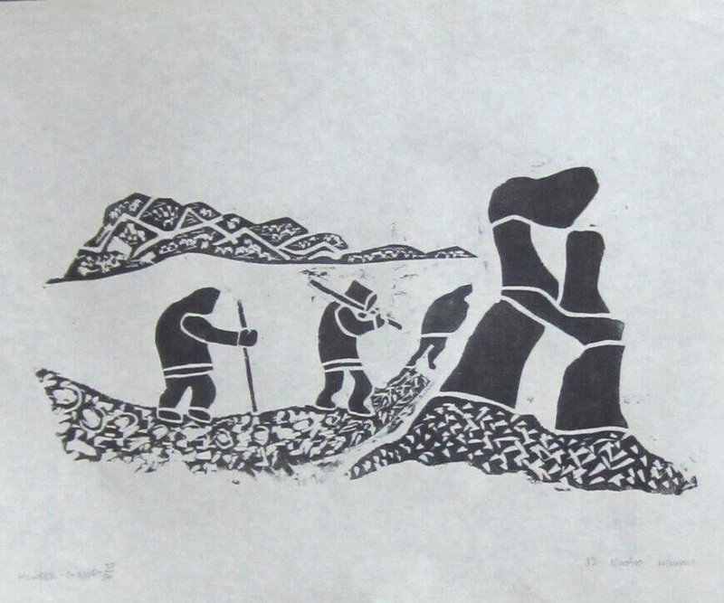 Inuit STONE CUT Print" HUNTER GROUP " Signed By KOOTOO MUNNO 36/50 18x24 in 1981