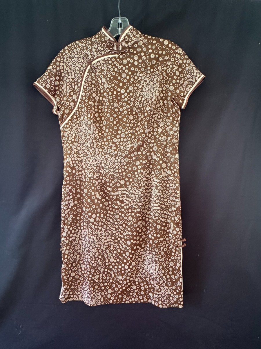 brown asian dress Vintage Silk Chinese Traditional Cheong-sam Size 13 especially around the chest silhouette_Ball-Gown/Princess Model in Blue Mini Size:40/M