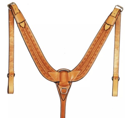 Western Natural Leather Barbed Wire Hand Tooled Pulling Breast Collar