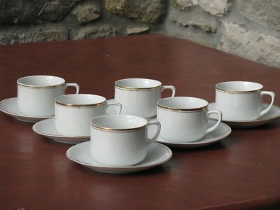 Bavarian China-Munich Germany-6 Vintage White /Gold Tea Cups & Saucers-Crown HR