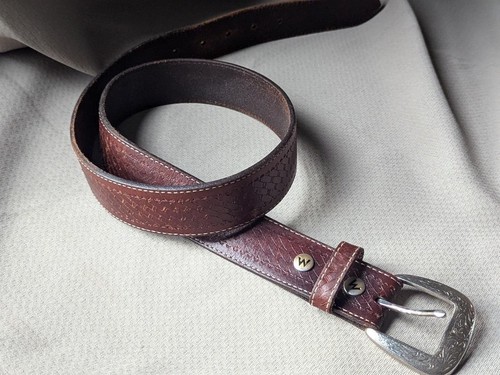 vintage style TOOLED buckle belt WESTERN full grian leather 36 brown COWHIDE - Picture 7 of 9