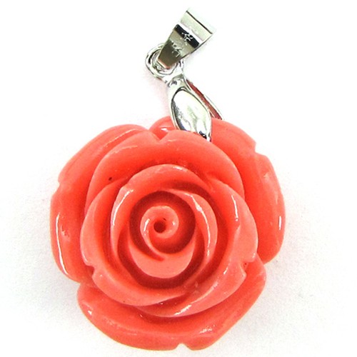 24mm synthetic coral carved rose flower pendant with silver