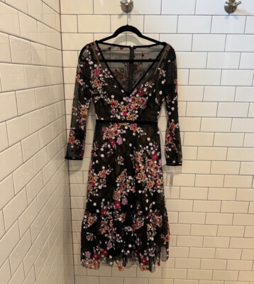 Mac Duggal BLACK FLORAL EMBROIDERED TEA LENGTH DRESS Sz 0 NEW | eBay