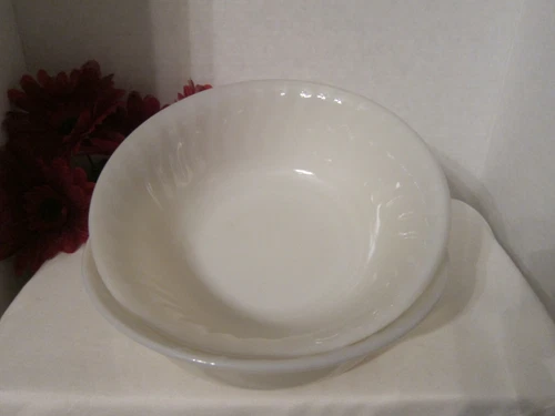 2 VTG 50's Anchor Hocking Fire King Swirl Ivory White Round Vegetable Bowls ~ 8"