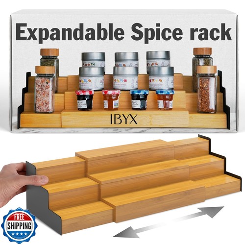 Ibyx Premium 3-Tier Spice Rack Organizer for Cabinet - Expandable Bamboo Spic