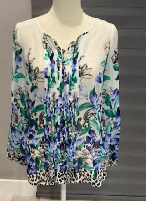 Blusa Casa Blanca/Mercado Negro Gasa Floral/Leopardo (Talla - 14) Nueva con Etiquetas