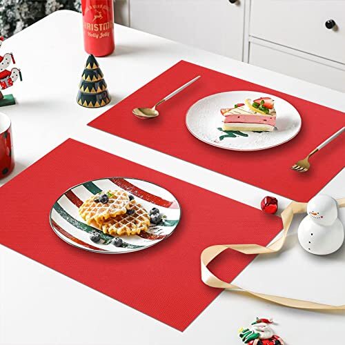 Woven Vinyl Christmas Place Mats for Dining Table Wipe Placemats Set of 6 Red - Picture 6 of 7