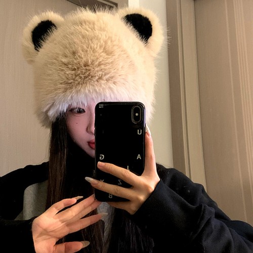 Lady Cute Warm Faux Fur Cap Hat Flurry Plush Beanie Panda Ear Beret Hat Retro - Picture 6 of 20