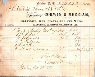 Corwin & Merriam Hardware Stoves 1872 Goshen NY Antique Letterhead Billhead TC27