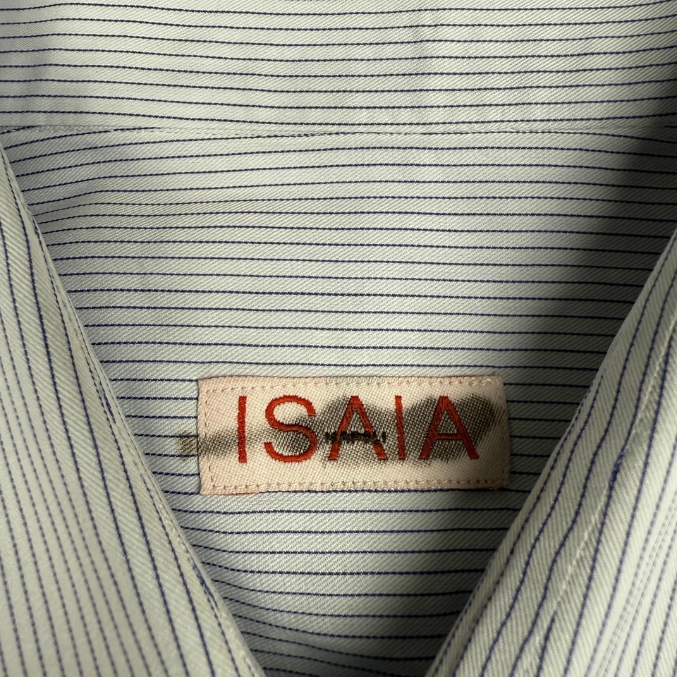 Vestido formal Isaia Napoli masculino 15,75 40 listras brancas azuis feito com botões na Itália - Imagem 2 de 4